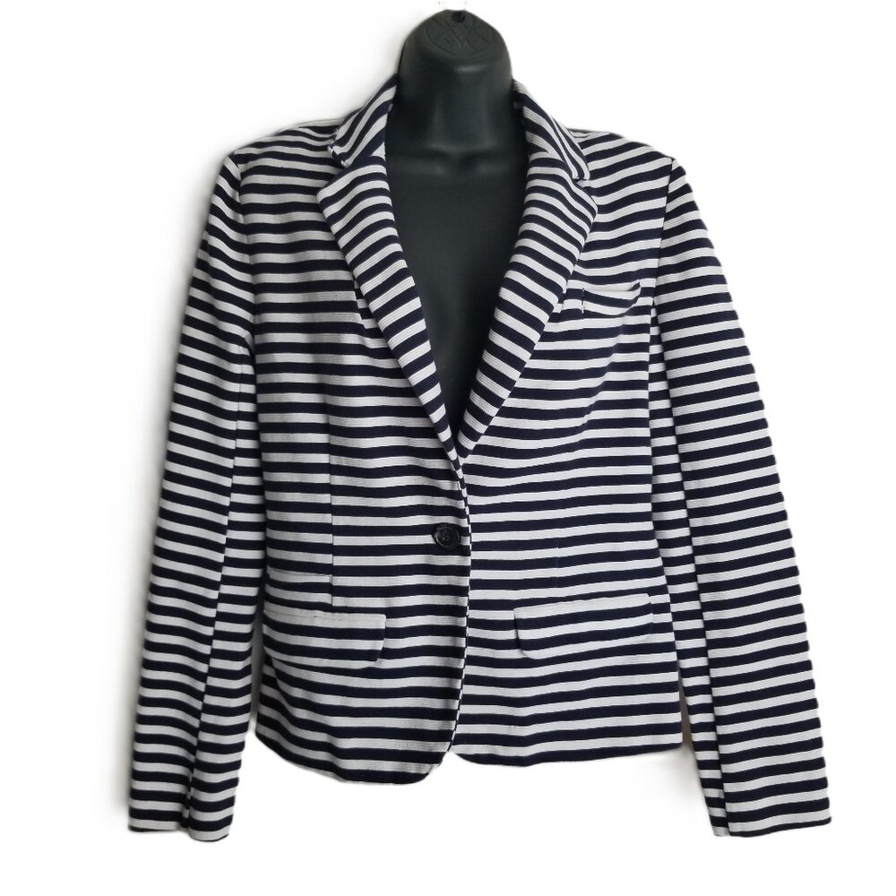 Merona Navy White Striped Blazer Stretch Knit Preppy Coastal Size M